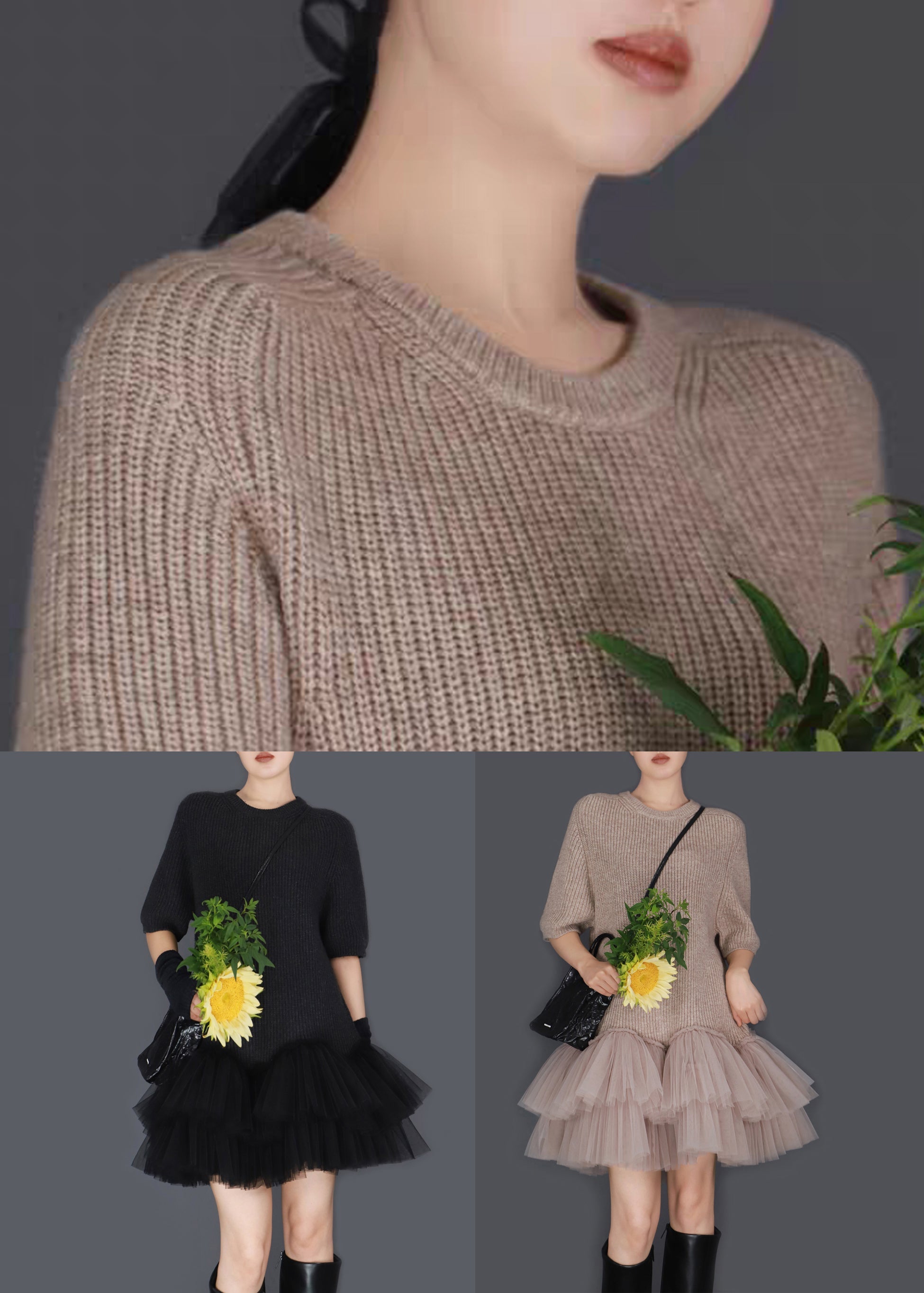 Knit Tulle Tiered Patchwork Crew Neck Balloon Skirt Mini Dress