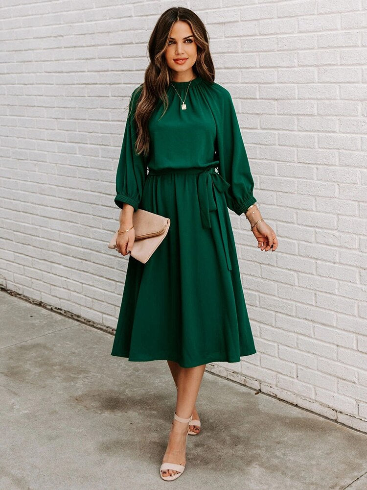 Mock Neck Long Sleeve Belted A-Line Midi Dress