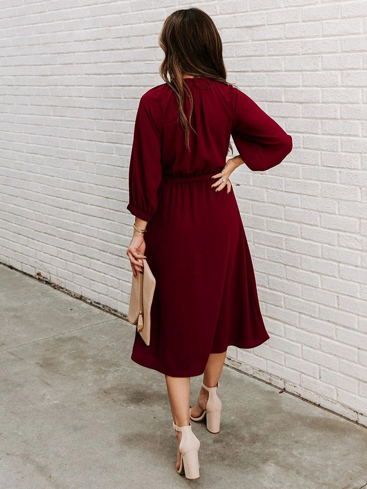 Mock Neck Long Sleeve Belted A-Line Midi Dress