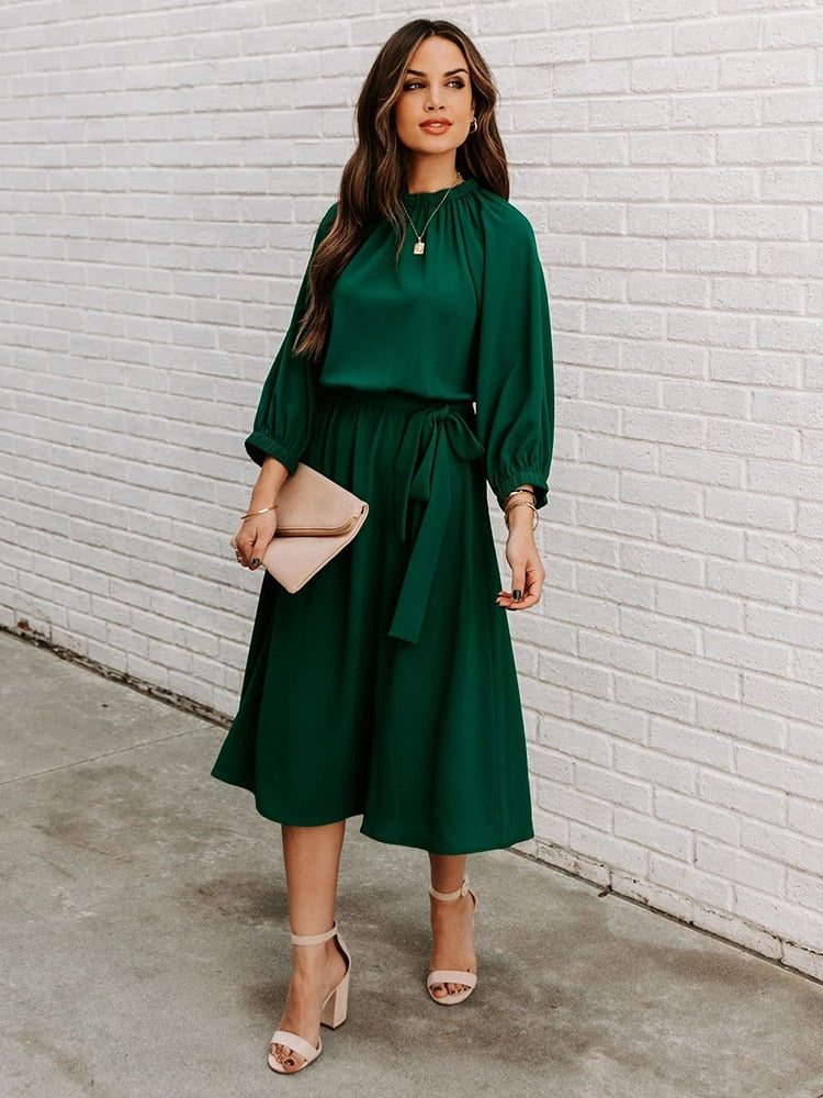 Mock Neck Long Sleeve Belted A-Line Midi Dress