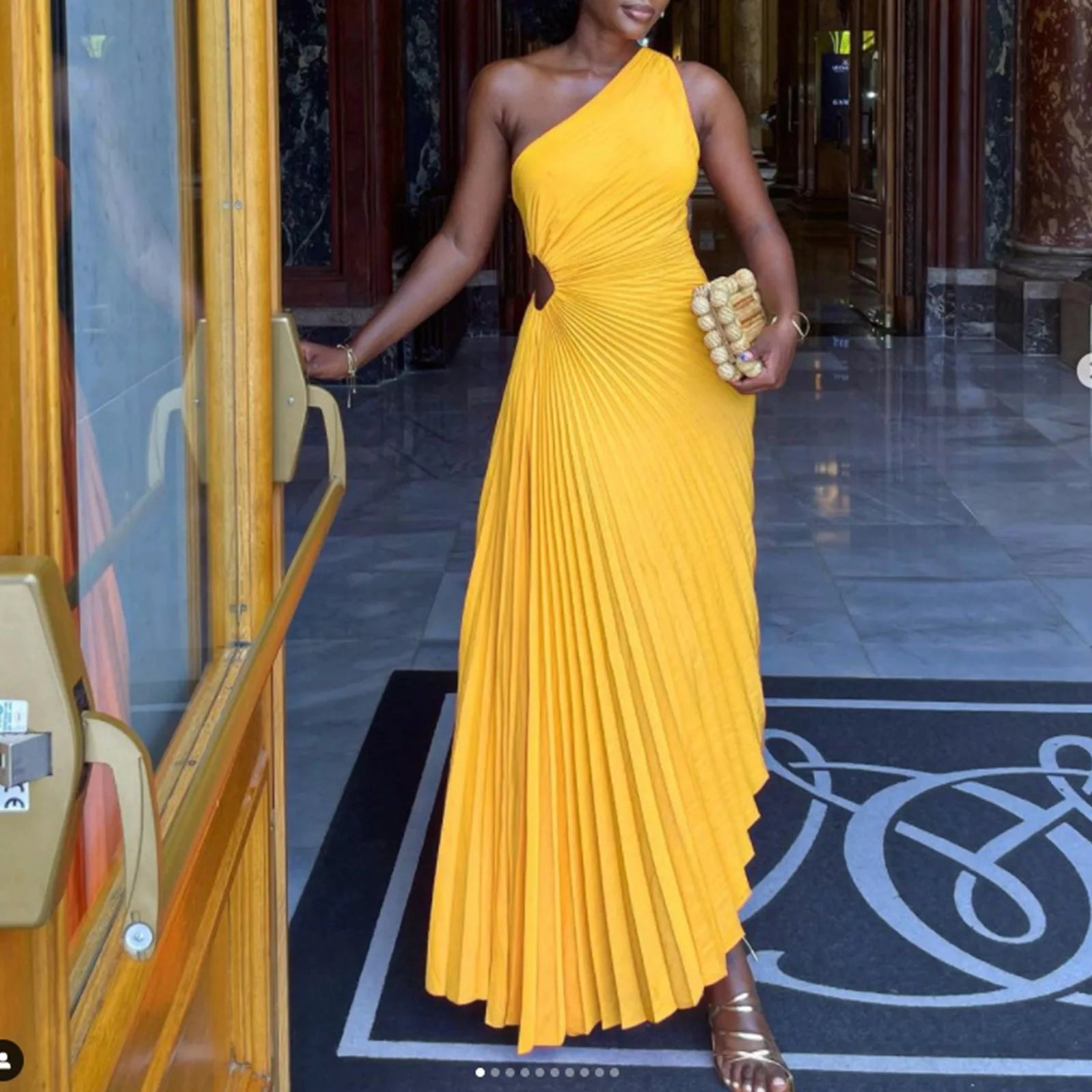 One Shoulder Pleated Cut Out High Split A-Line Maxi Dress