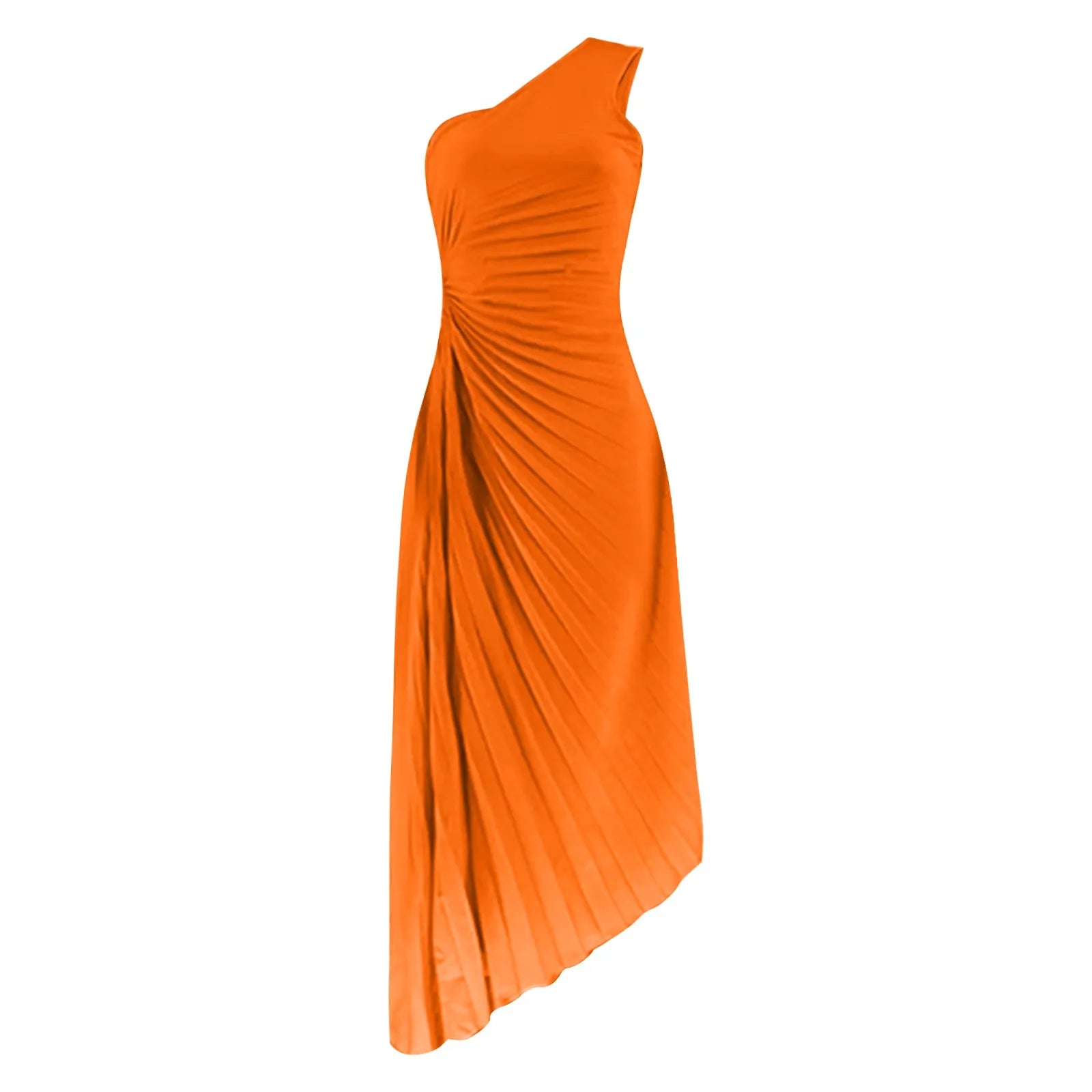 One Shoulder Pleated Cut Out High Split A-Line Maxi Dress