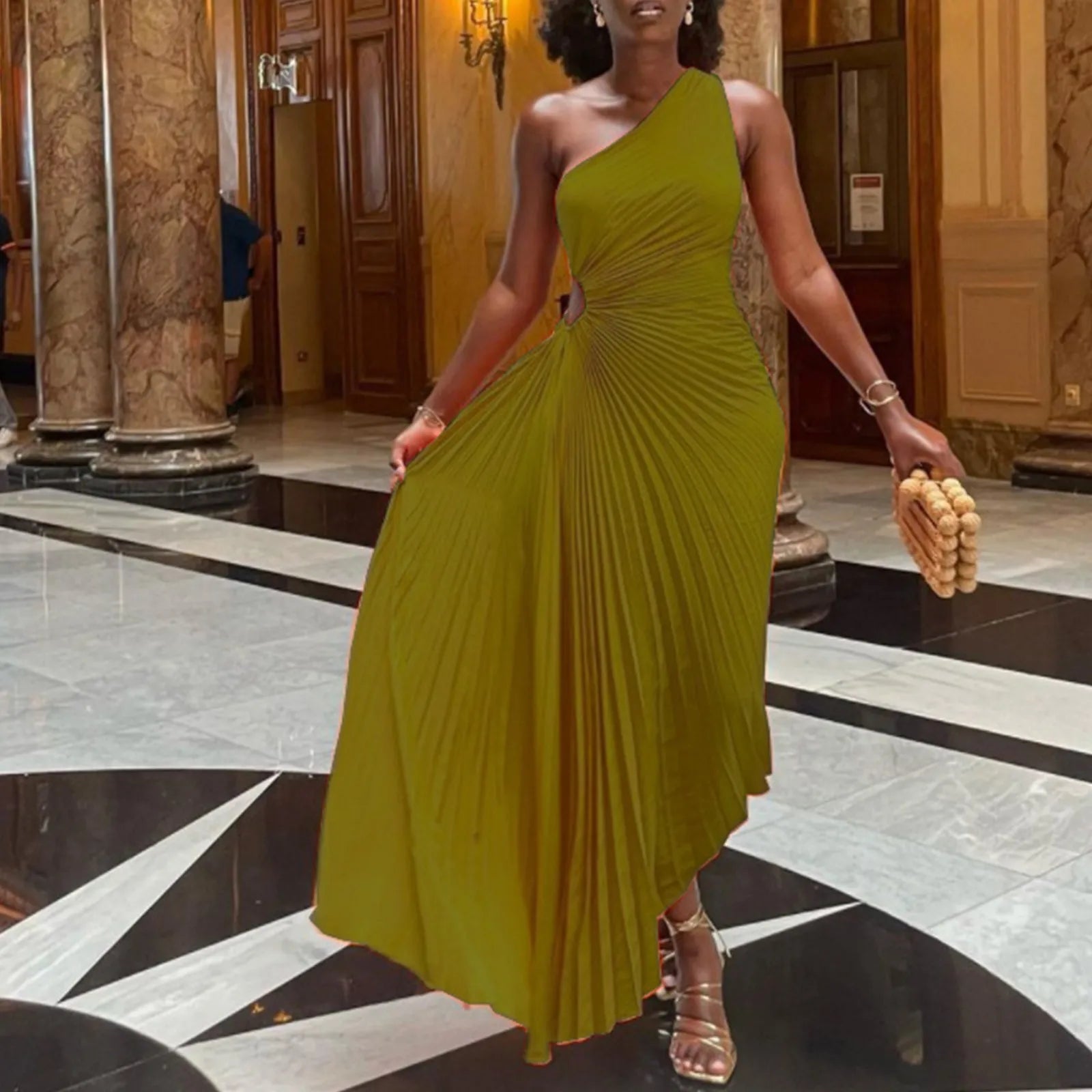 One Shoulder Pleated Cut Out High Split A-Line Maxi Dress