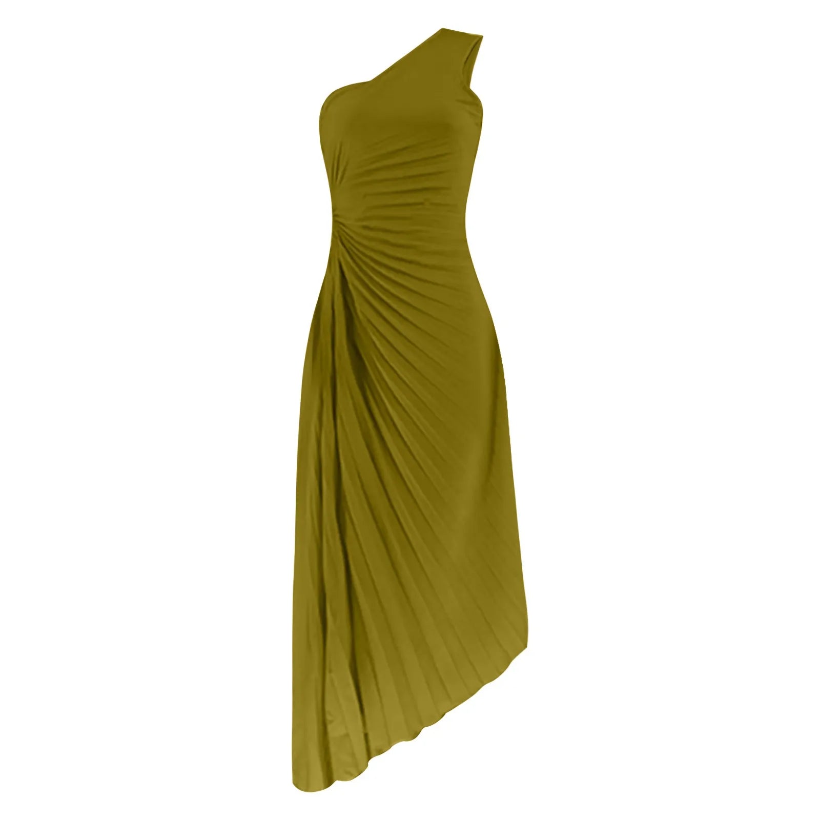 One Shoulder Pleated Cut Out High Split A-Line Maxi Dress