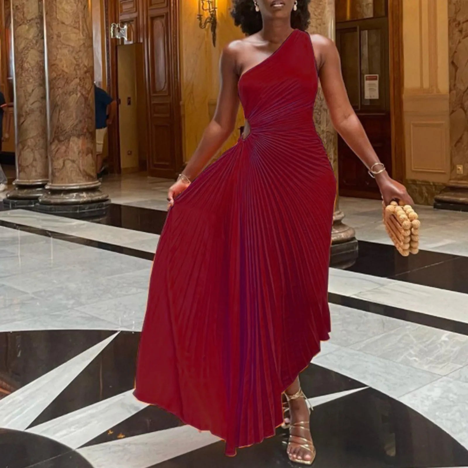 One Shoulder Pleated Cut Out High Split A-Line Maxi Dress