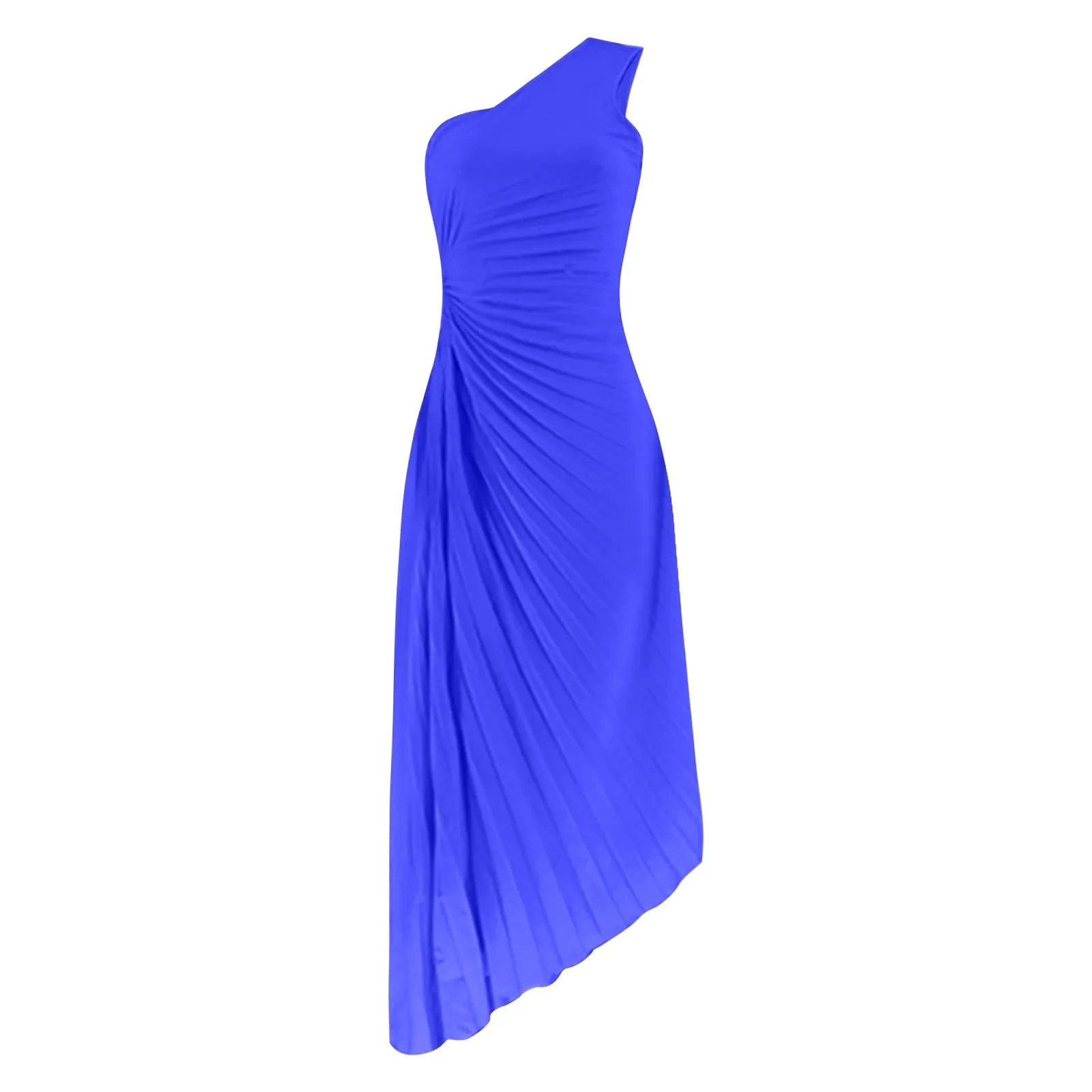 One Shoulder Pleated Cut Out High Split A-Line Maxi Dress