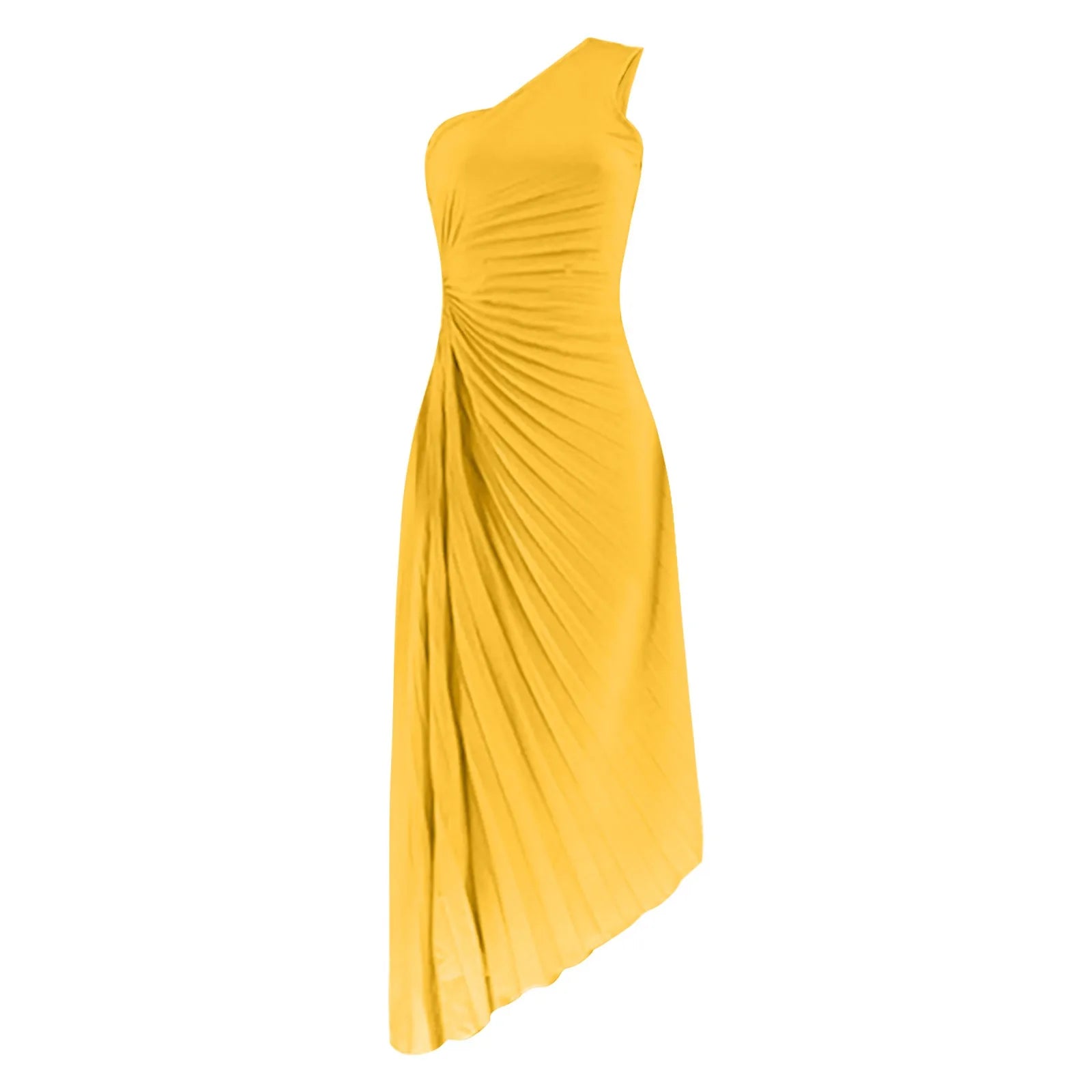 One Shoulder Pleated Cut Out High Split A-Line Maxi Dress