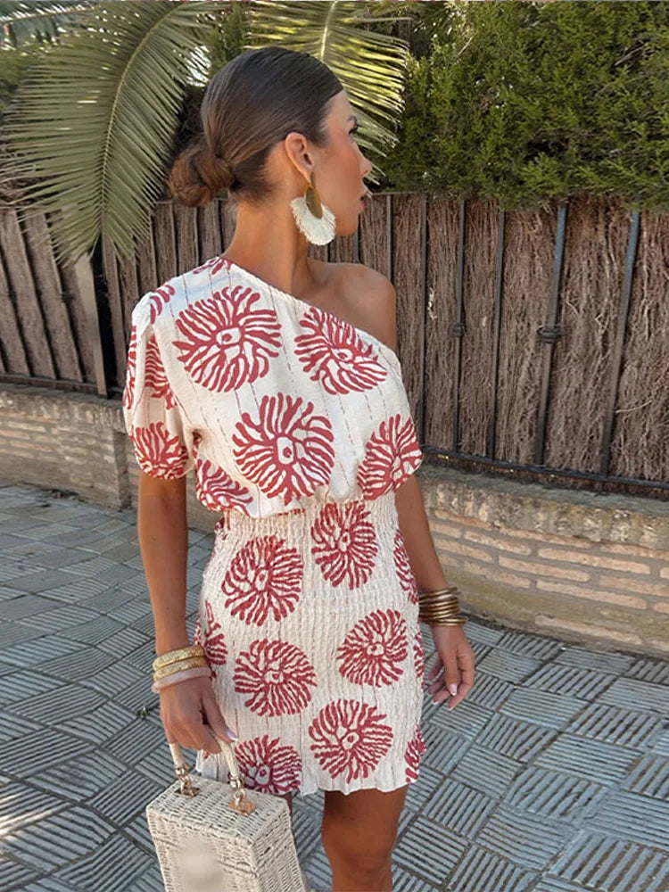 One Shoulder Puff Sleeve Smocked Print Ruffle Hem Mini Dress