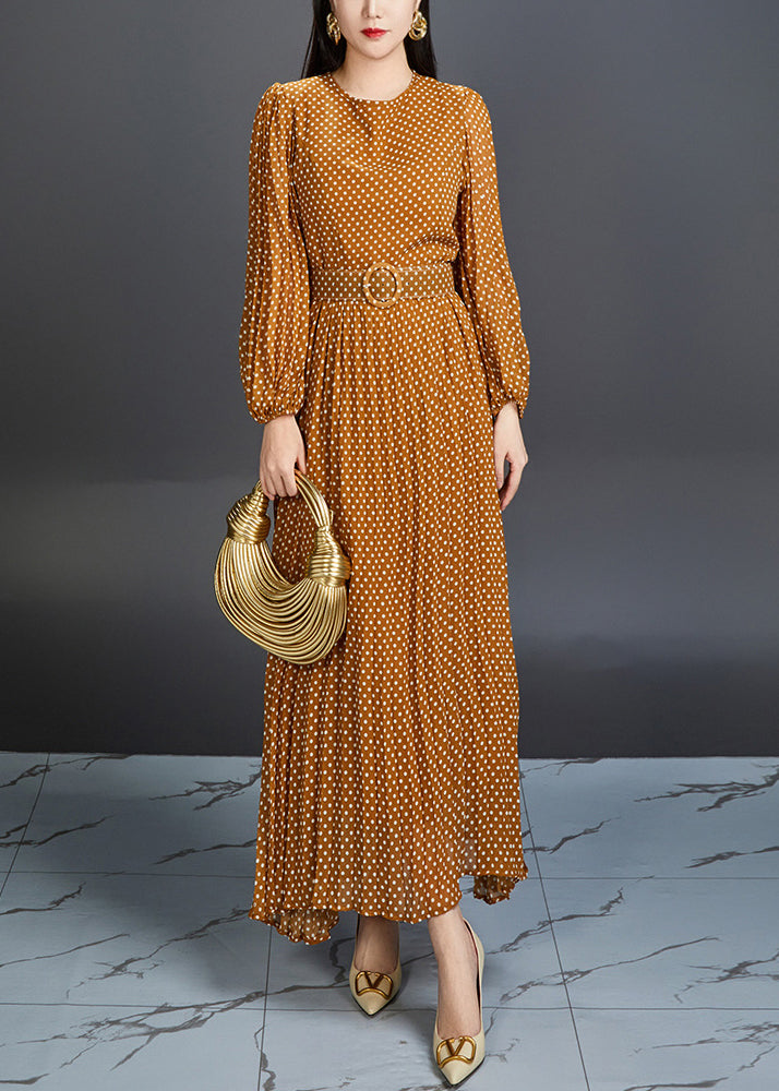 Polka Dot Bishop Sleeve Belted Waist Chiffon Maxi Dress