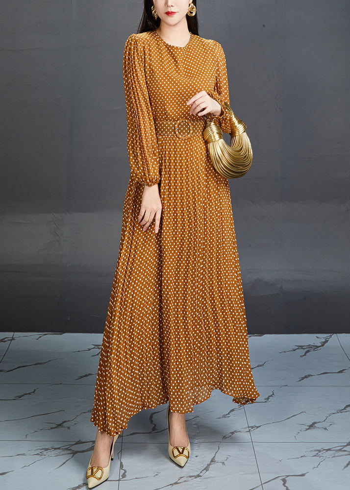 Polka Dot Bishop Sleeve Belted Waist Chiffon Maxi Dress