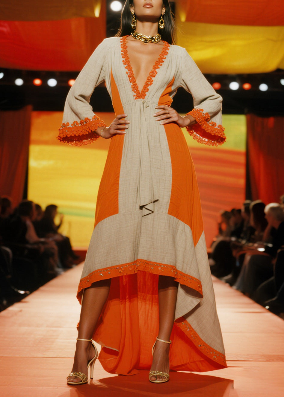 Deep V-Neck Long Bell Sleeve Embroidered Trim Empire Drawstring High Low Maxi Dress