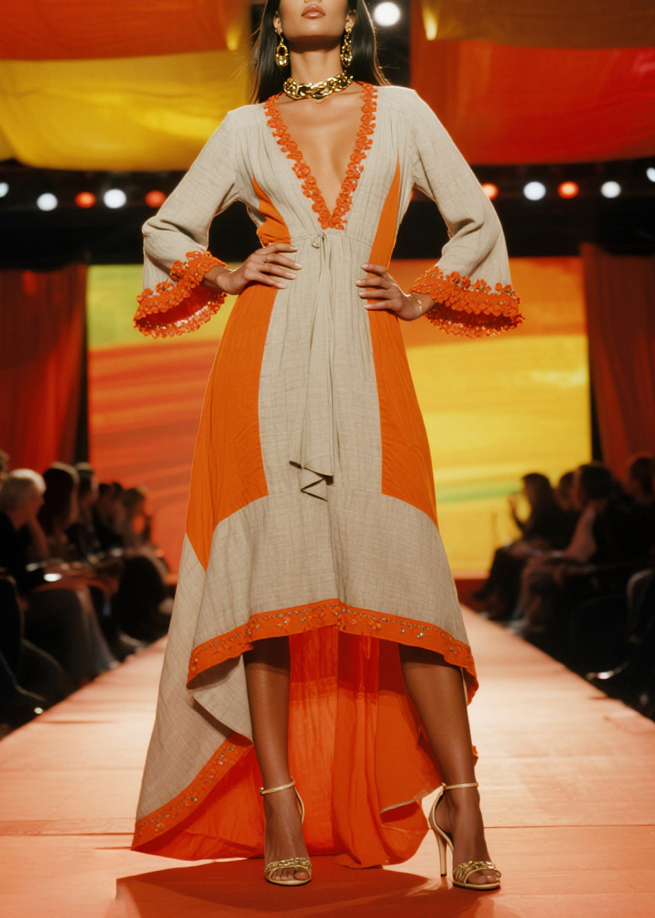 Deep V-Neck Long Bell Sleeve Embroidered Trim Empire Drawstring High Low Maxi Dress