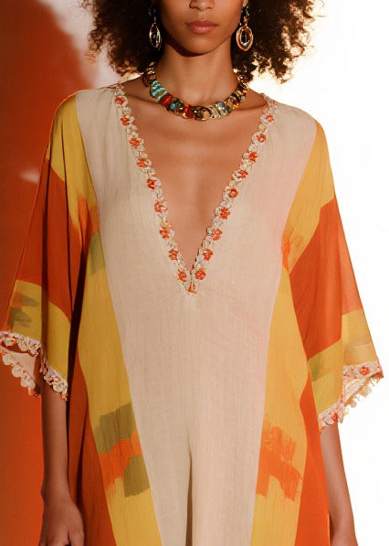 Chiffon Deep V-Neck Flutter Sleeve Lace Trim Kaftan Dress