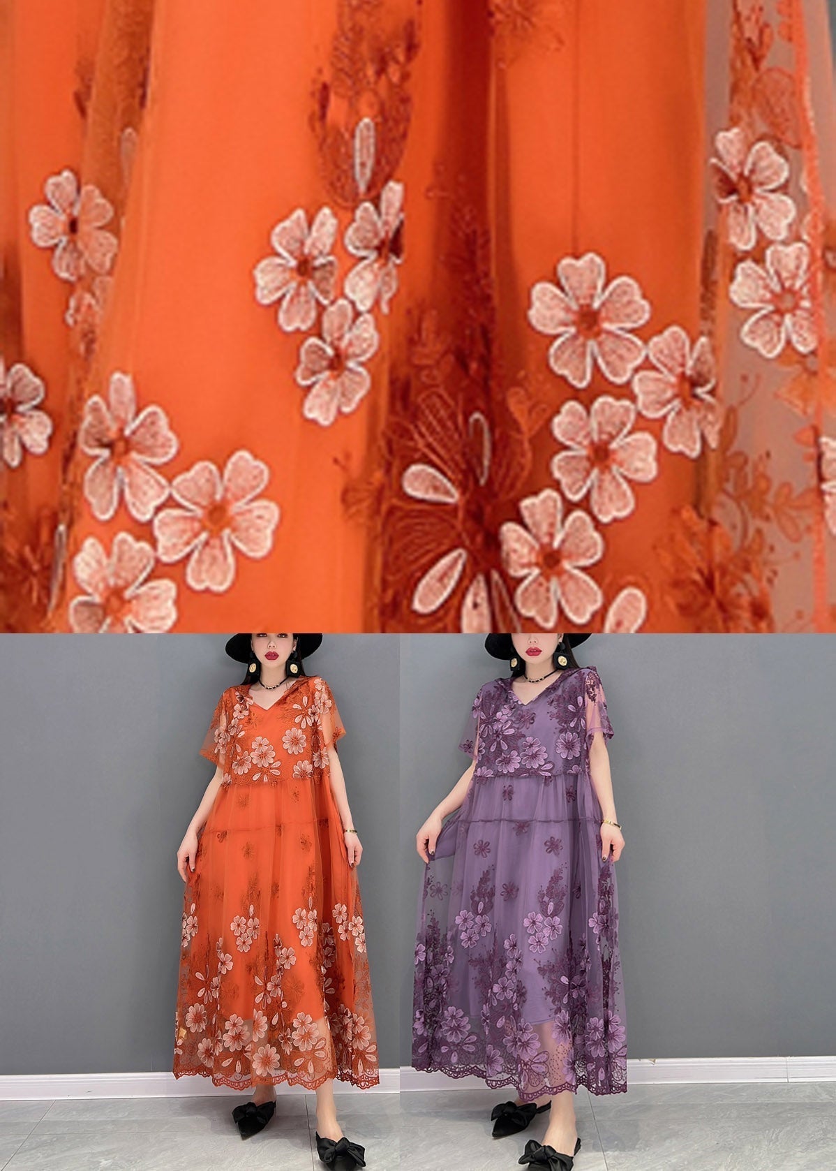 Floral Embroidered Tulle Overlay V-Neck Short Sleeve Scallop Hem Maxi Dress