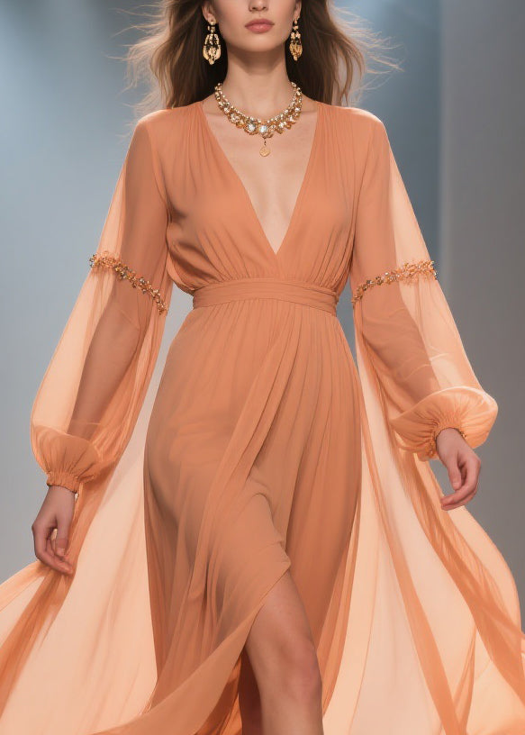 Chiffon Deep V-Neck Bishop Sleeve Beaded Sleeve Wrap High Split Maxi Gown