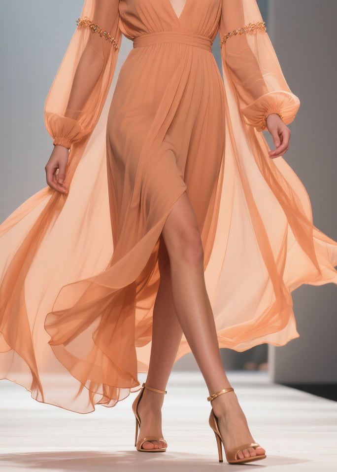 Chiffon Deep V-Neck Bishop Sleeve Beaded Sleeve Wrap High Split Maxi Gown