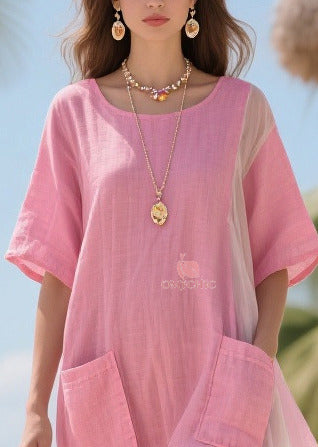 Mesh Side Panel Crew Neck Short Sleeve Patch Pocket Shift Midi Dress