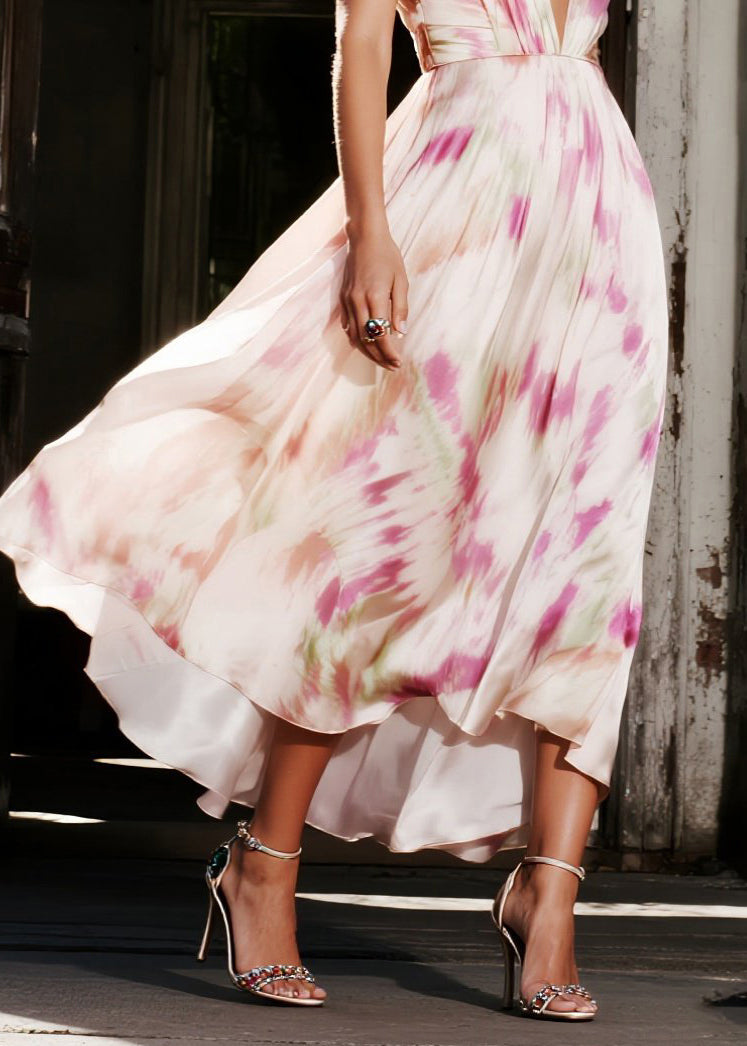 Watercolor Print Deep V-Neck Sleeveless Pleated High Low Midi Dress