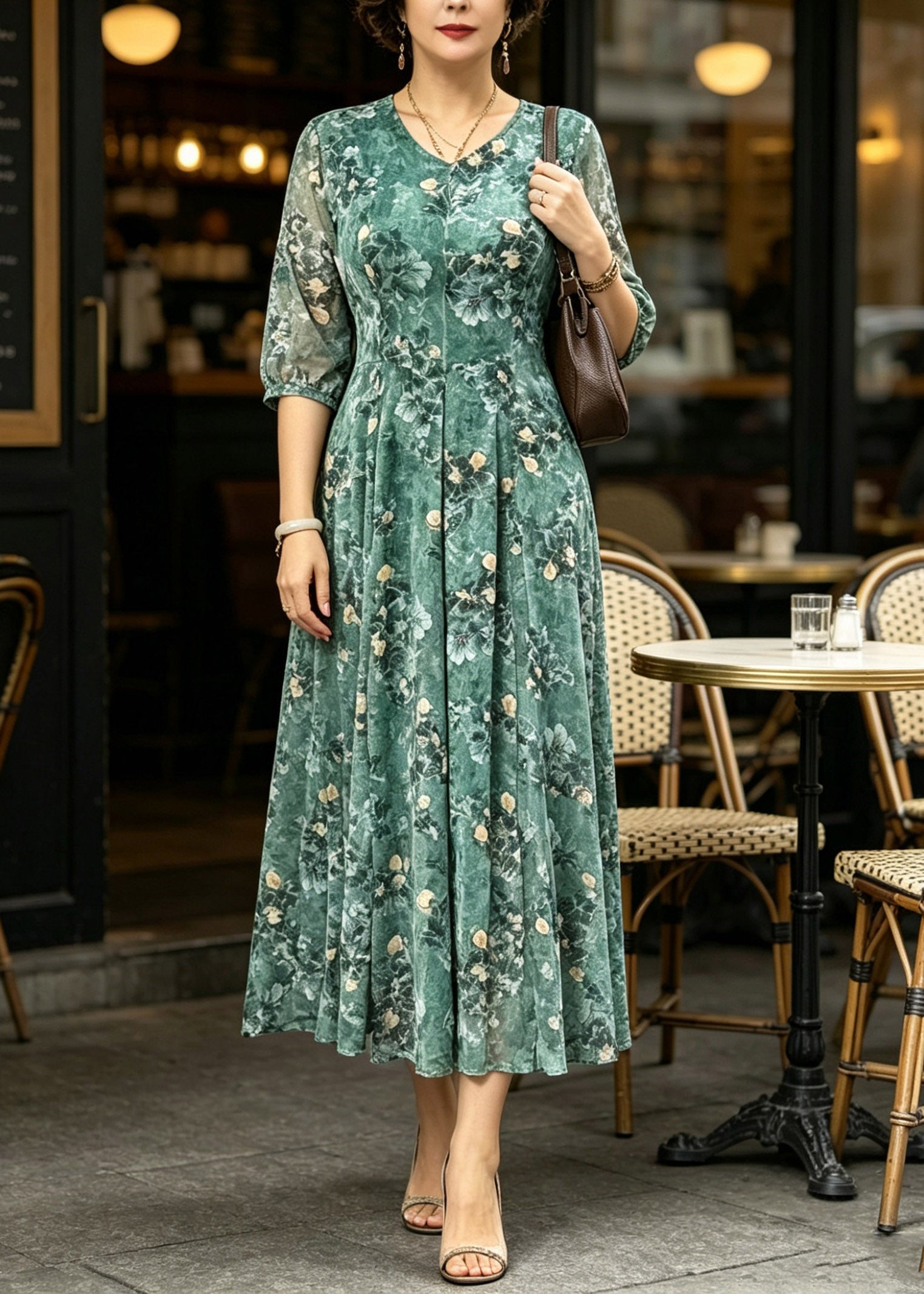 Floral Print V-Neck Button Front Half Sleeve A-Line Maxi Dress