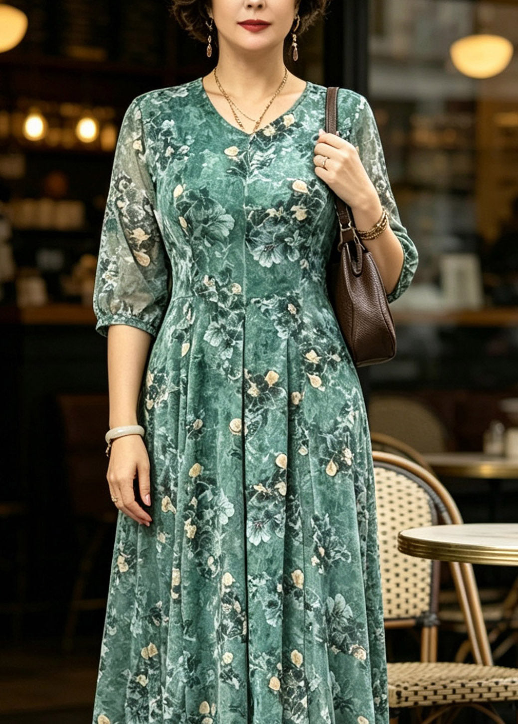 Floral Print V-Neck Button Front Half Sleeve A-Line Maxi Dress