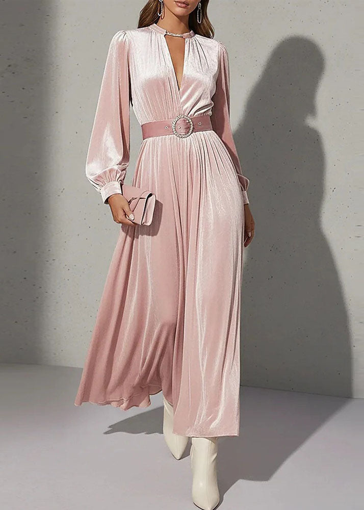 Velvet Keyhole Mock Neck Lantern Sleeve Belted Pleated Maxi Dress