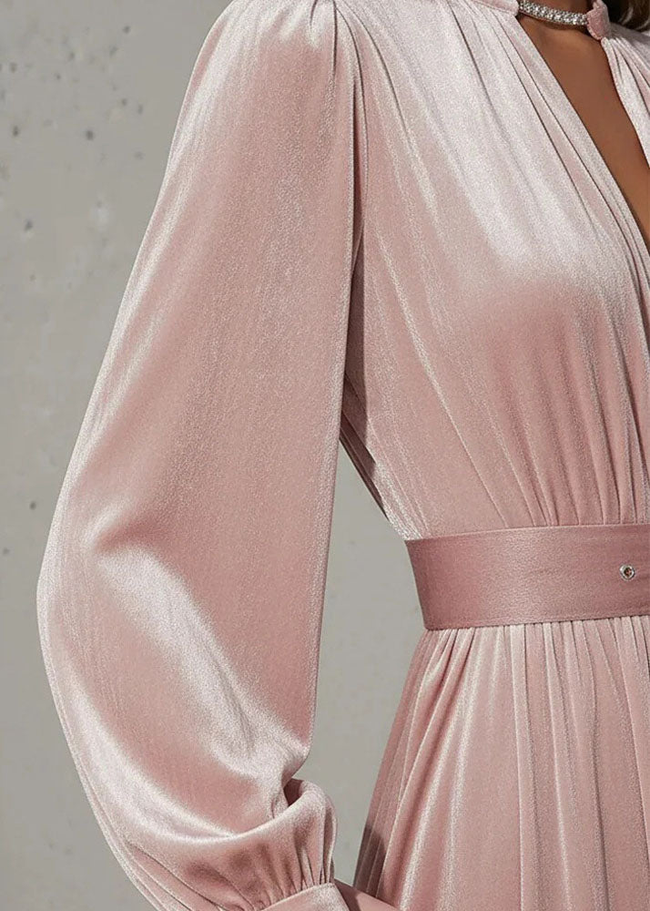 Elegant Pink V Neck Patchwork Velvet Maxi Dress Fall - View 4