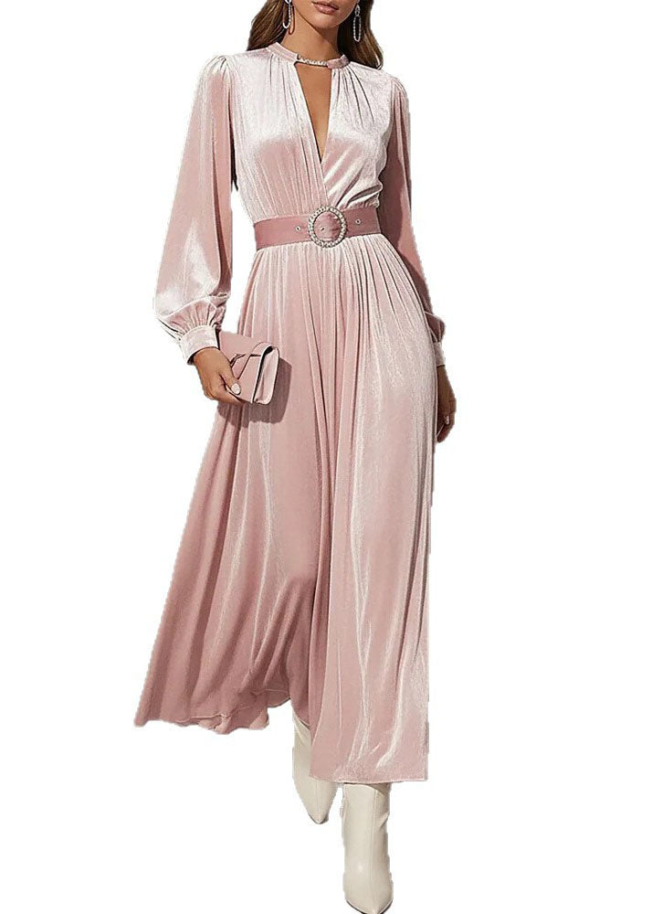 Elegant Pink V Neck Patchwork Velvet Maxi Dress Fall - View 5