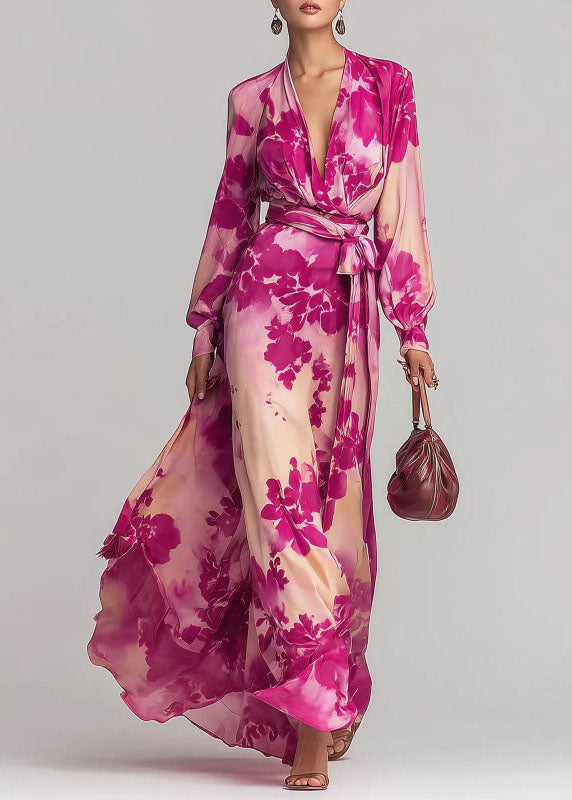 Chiffon Deep V-Neck Wrap Long Sleeve Tie Waist Floral Maxi Dress
