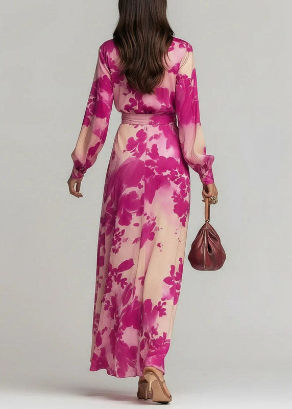 Chiffon Deep V-Neck Wrap Long Sleeve Tie Waist Floral Maxi Dress