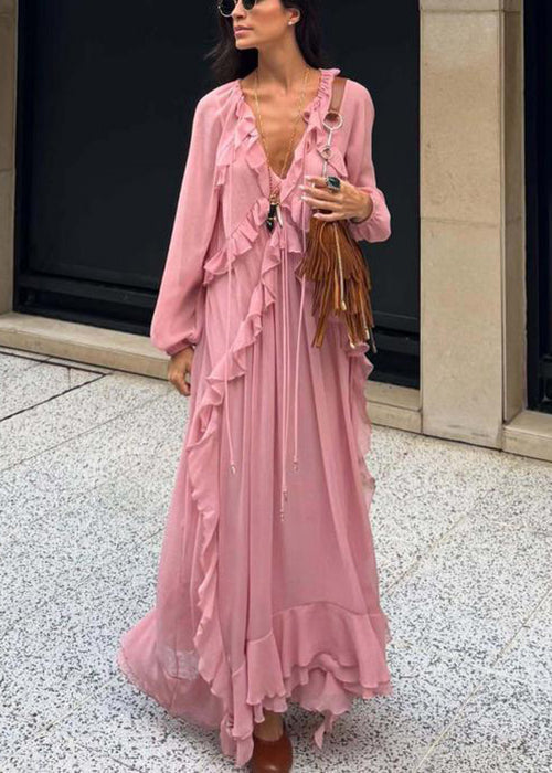 V-Neck Long Sleeve Ruffle Trim Chiffon Tie Front Maxi Dress