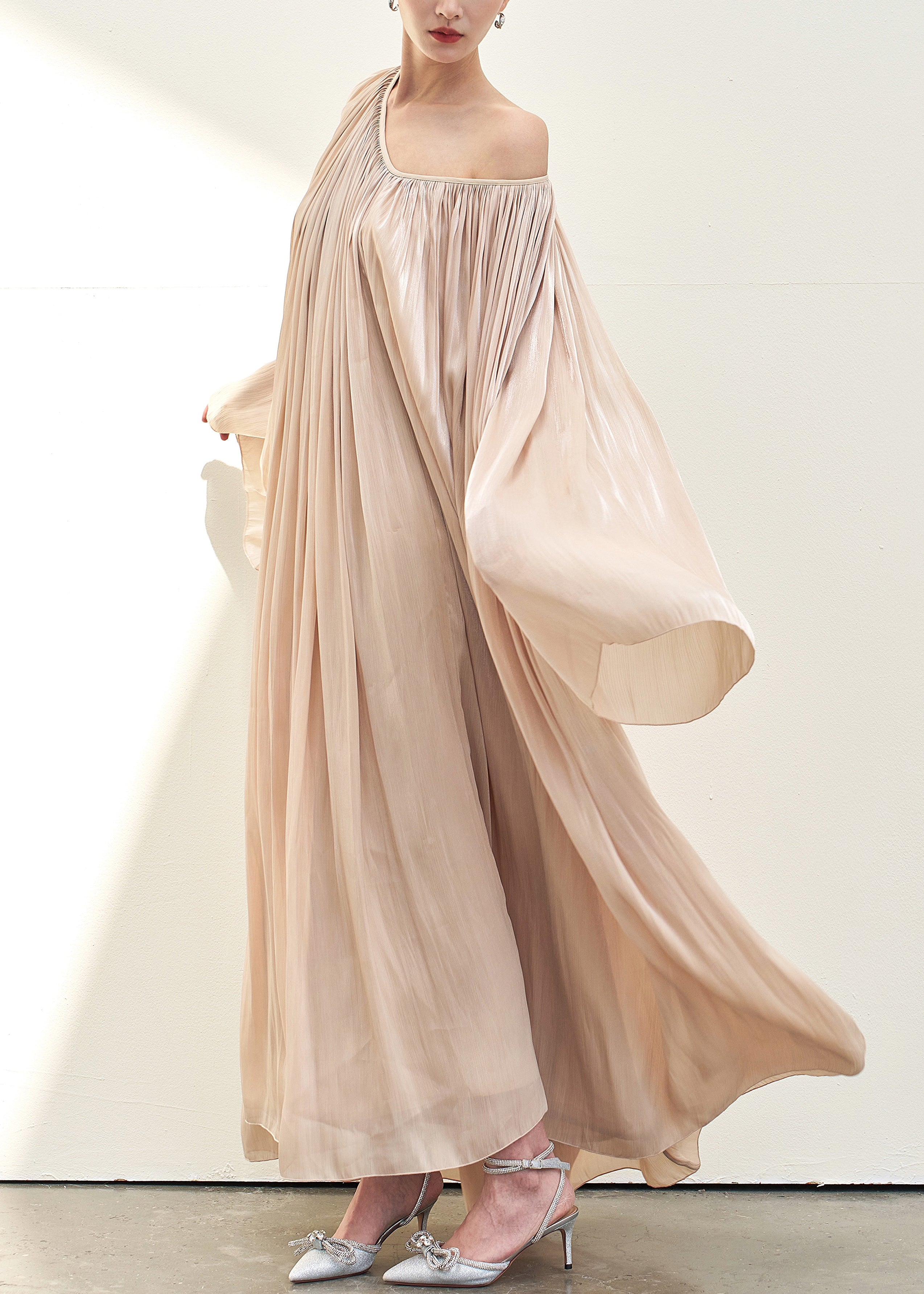Satin Accordion Pleated One Shoulder Bell Sleeve Flowy Maxi Dress