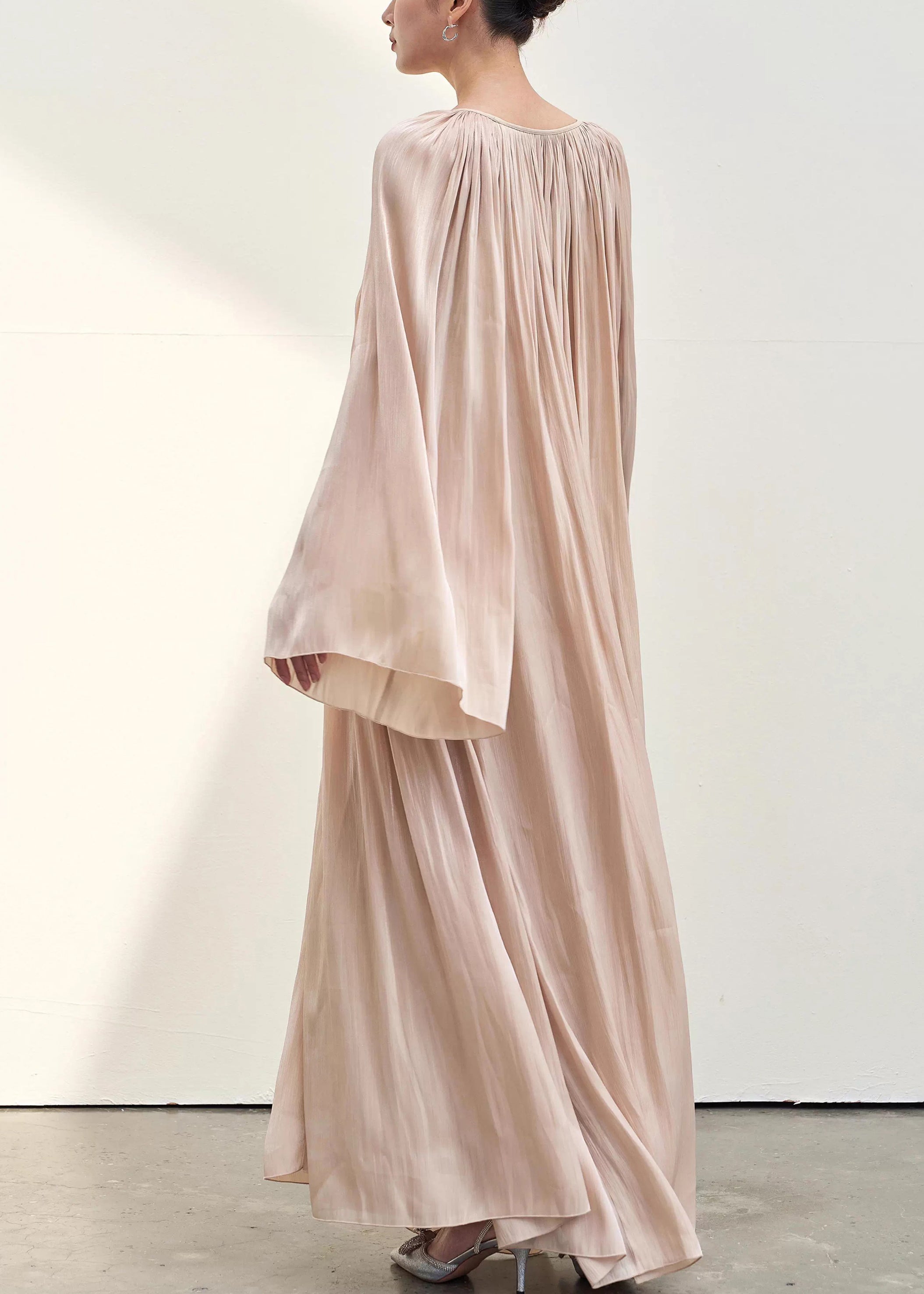 Satin Accordion Pleated One Shoulder Bell Sleeve Flowy Maxi Dress