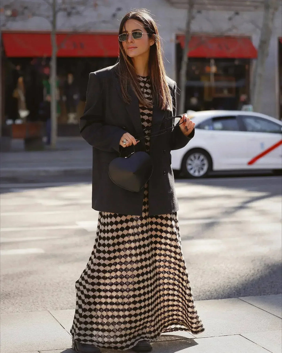 Diamond Check Pattern Crochet Knit Flared Hem Maxi Dress 6