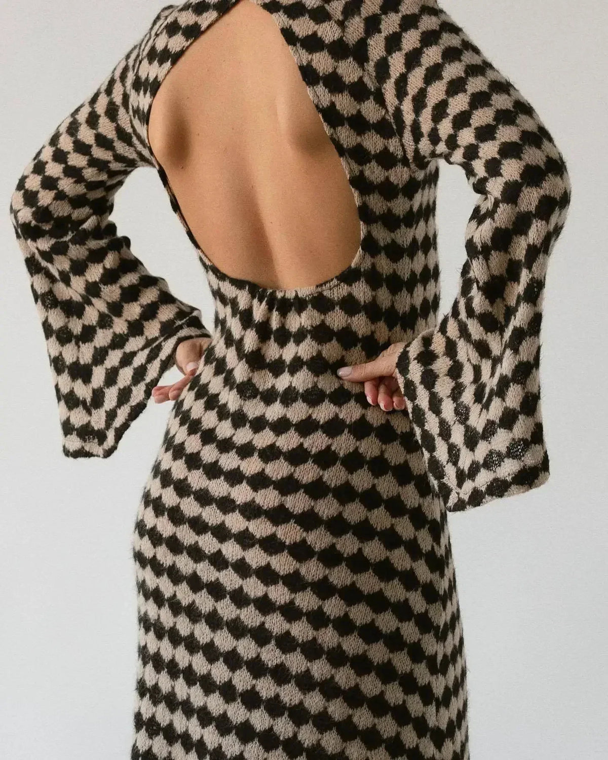Diamond Check Pattern Crochet Knit Flared Hem Maxi Dress 4
