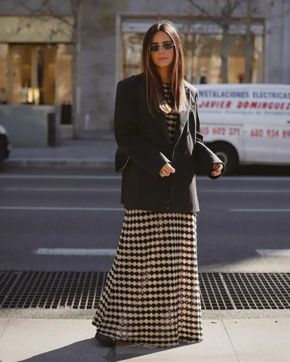 Diamond Check Pattern Crochet Knit Flared Hem Maxi Dress