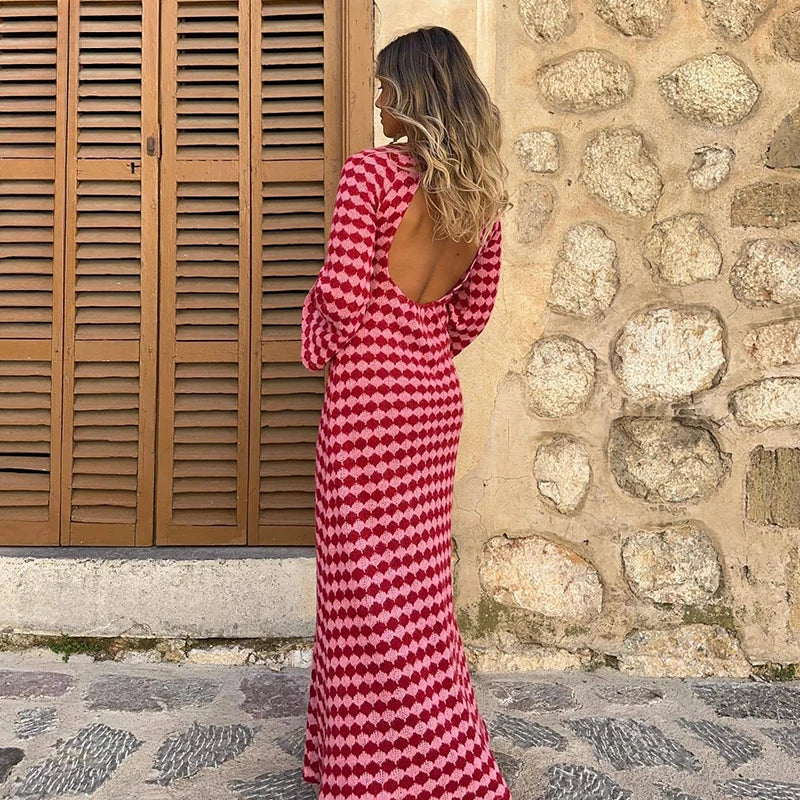 Diamond Check Pattern Crochet Knit Flared Hem Maxi Dress 2