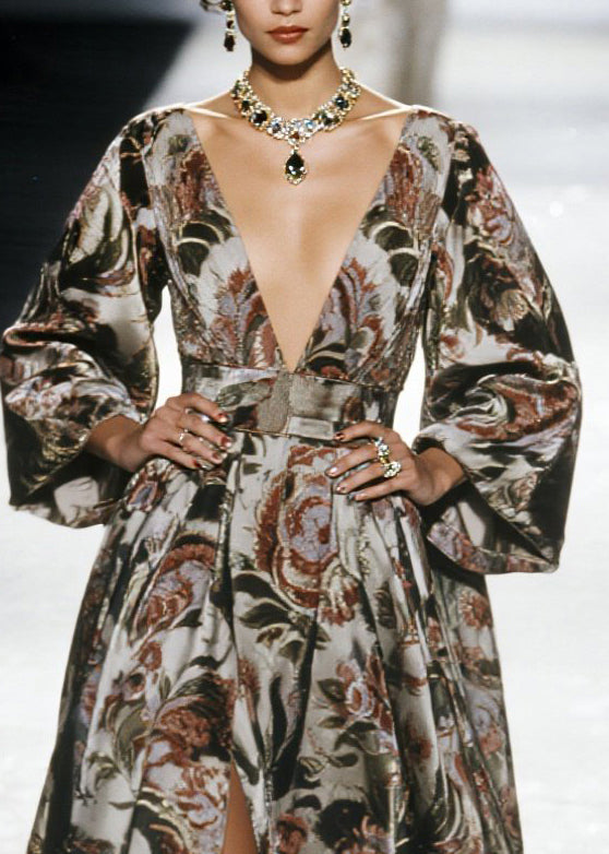 Jacquard Deep V-Neck Bell Sleeve Belted High Split Maxi Gown