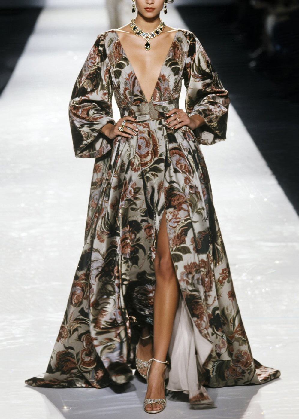 Jacquard Deep V-Neck Bell Sleeve Belted High Split Maxi Gown - View 3