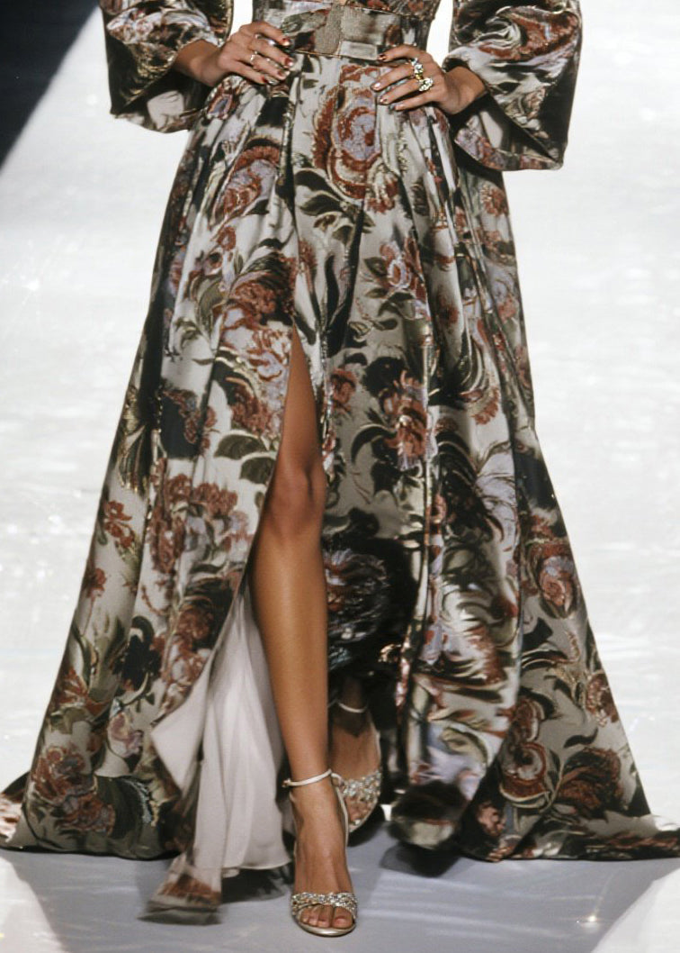 Jacquard Deep V-Neck Bell Sleeve Belted High Split Maxi Gown