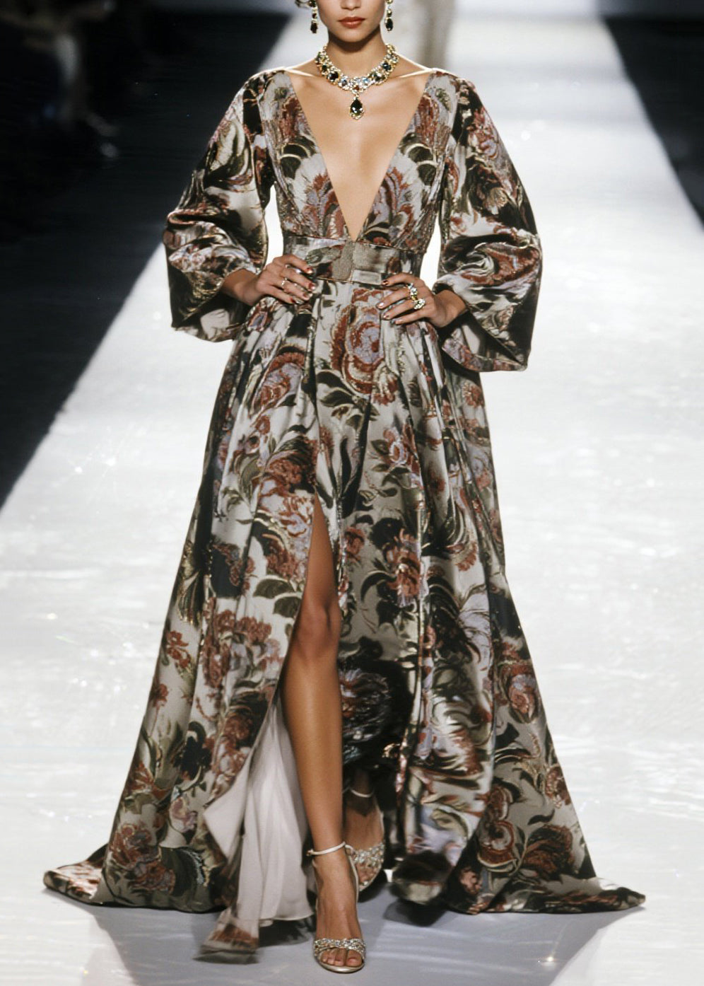 Jacquard Deep V-Neck Bell Sleeve Belted High Split Maxi Gown