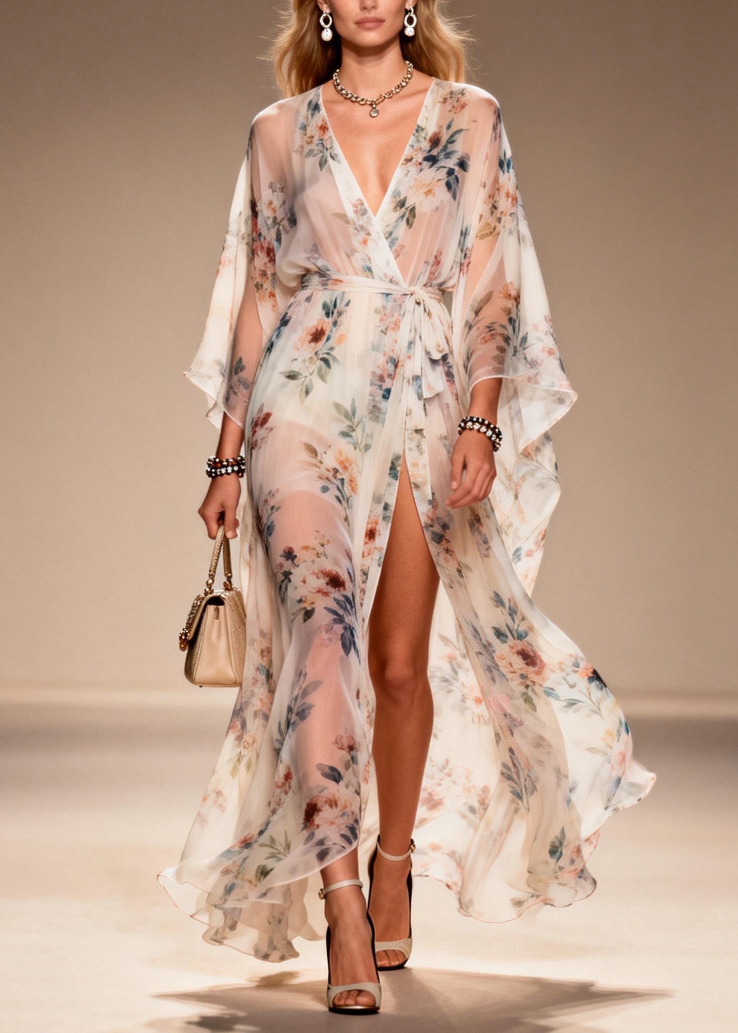Floral Print Deep V-Neck Tie Waist Wide Sleeve Sheer Chiffon Maxi Dress