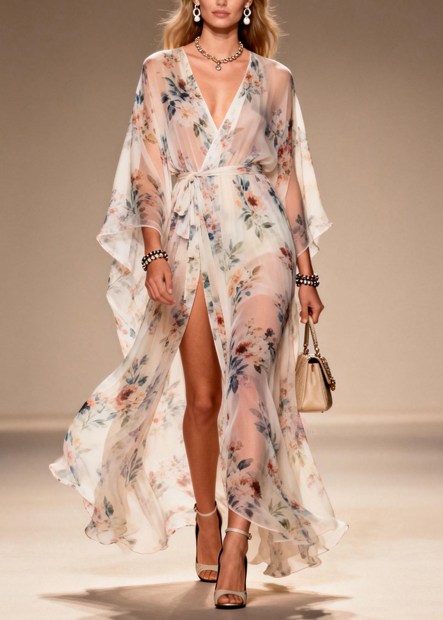 Floral Print Deep V-Neck Tie Waist Wide Sleeve Sheer Chiffon Maxi Dress