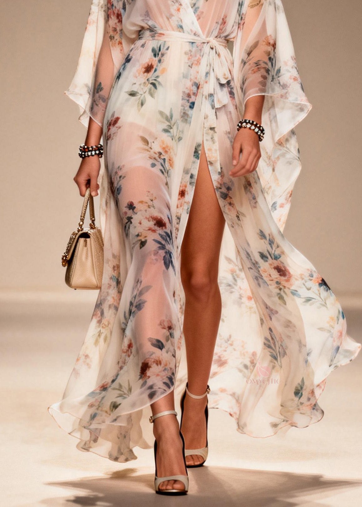 Floral Print Deep V-Neck Tie Waist Wide Sleeve Sheer Chiffon Maxi Dress