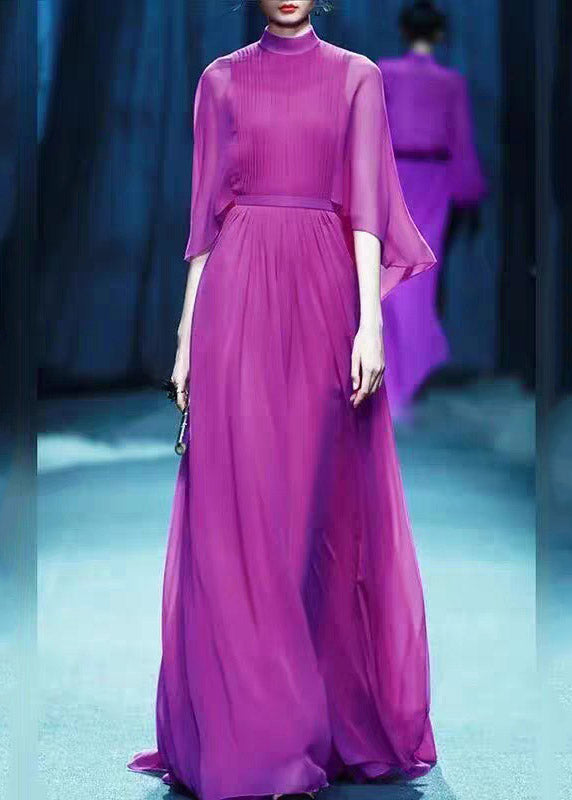Chiffon Mock Neck Cape Sleeve Cinched Waist Maxi Gown