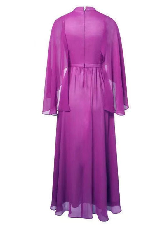 Chiffon Mock Neck Cape Sleeve Cinched Waist Maxi Gown