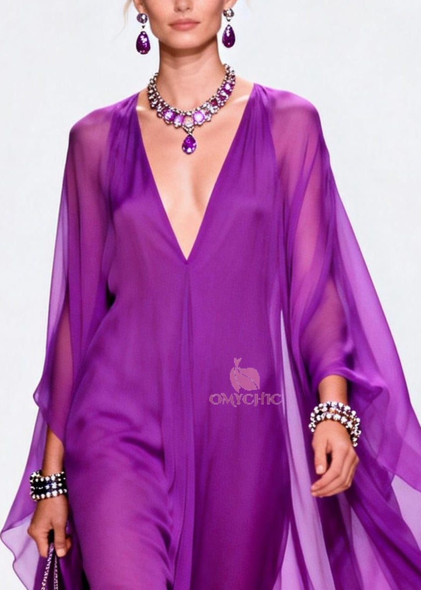 Deep V-Neck Cape Sleeve Draped Chiffon Maxi Dress - View 2