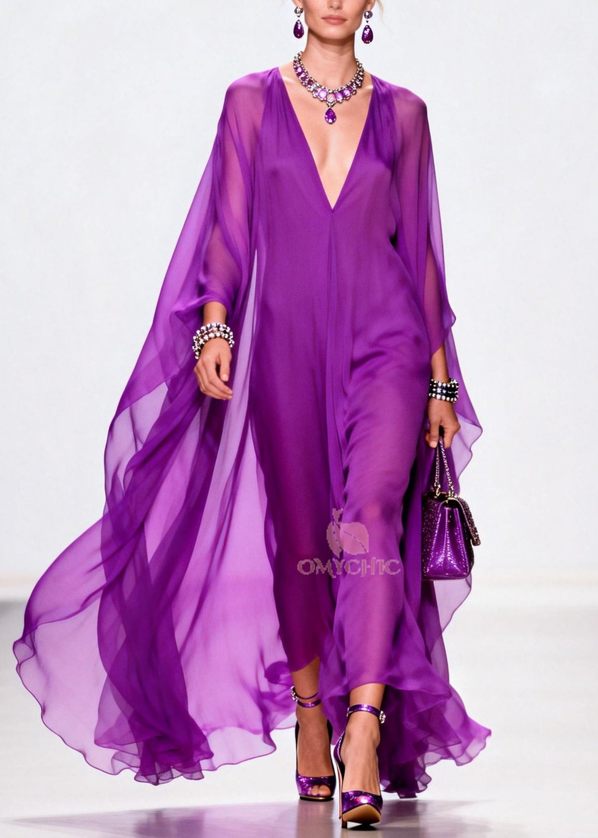 Deep V-Neck Cape Sleeve Draped Chiffon Maxi Dress - View 3