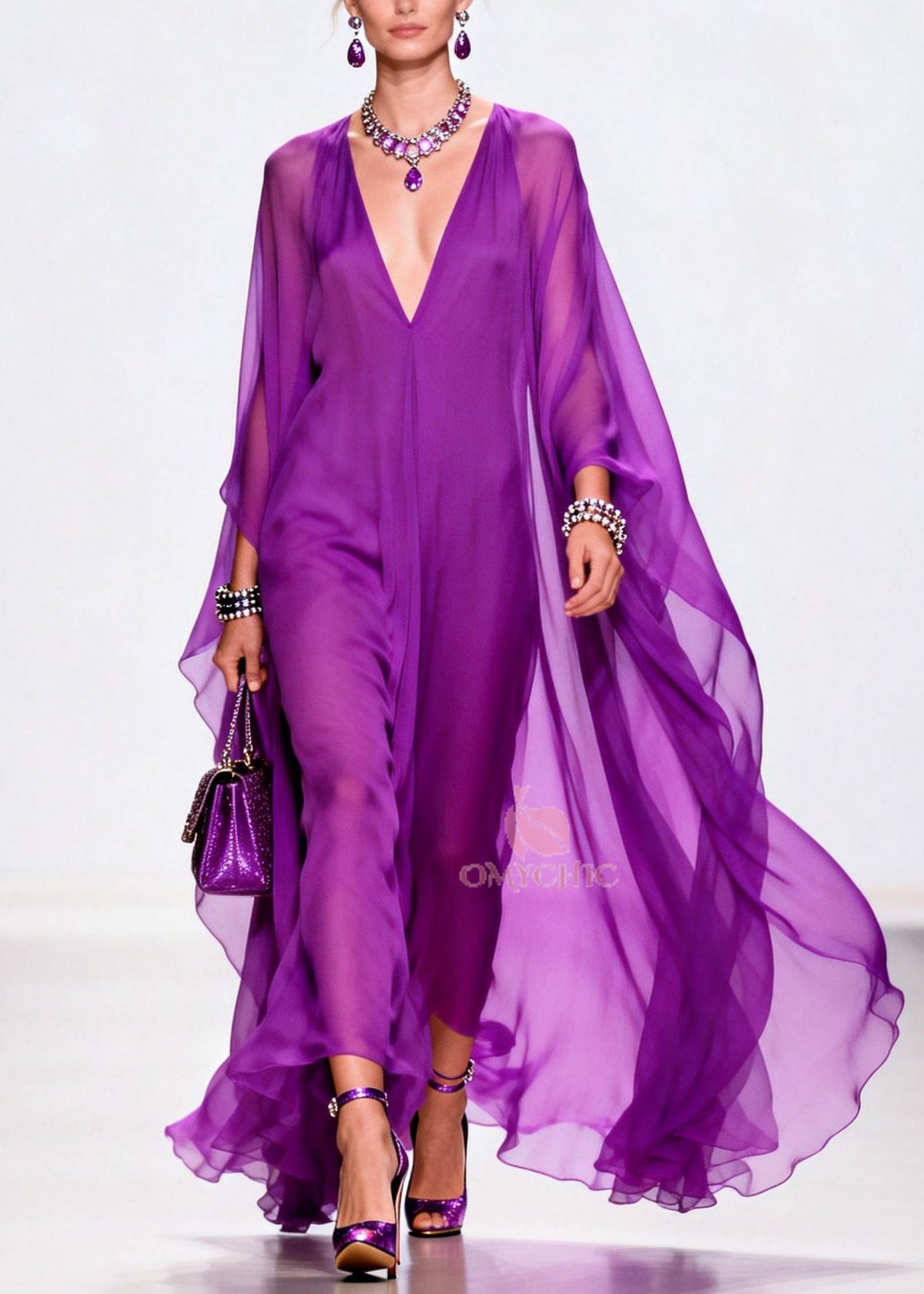 Deep V-Neck Cape Sleeve Draped Chiffon Maxi Dress - View 5