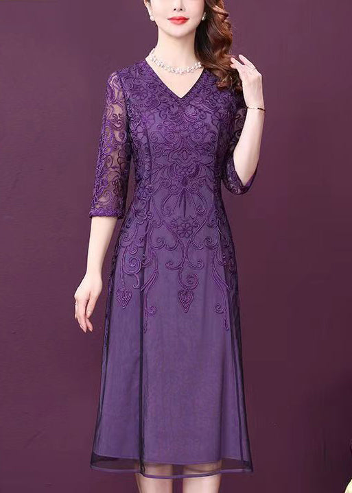 Lace Floral Embroidery V-Neck Three Quarter Sleeve Sheer Overlay A-Line Midi Dress