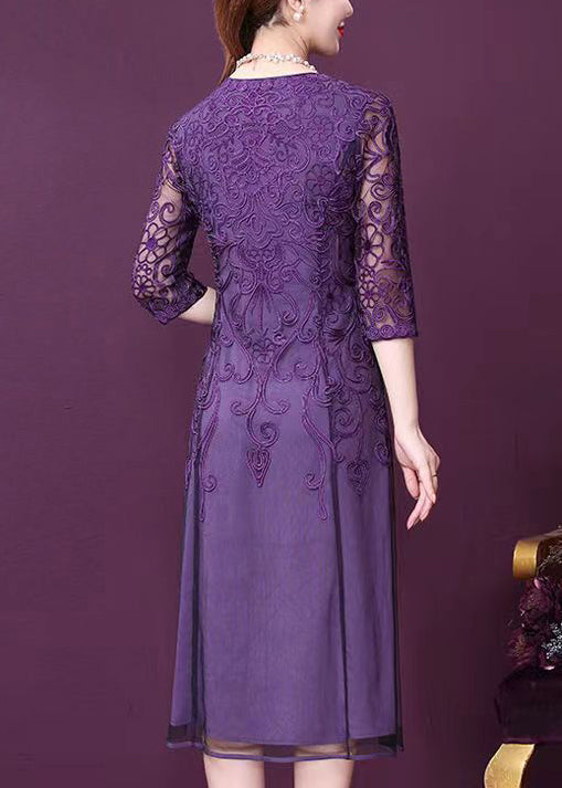 Lace Floral Embroidery V-Neck Three Quarter Sleeve Sheer Overlay A-Line Midi Dress